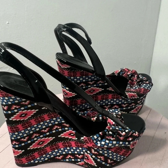 Forever 21,  6” wedge multi color block print  shoes 7 w/ankle strap tie - Picture 5 of 11